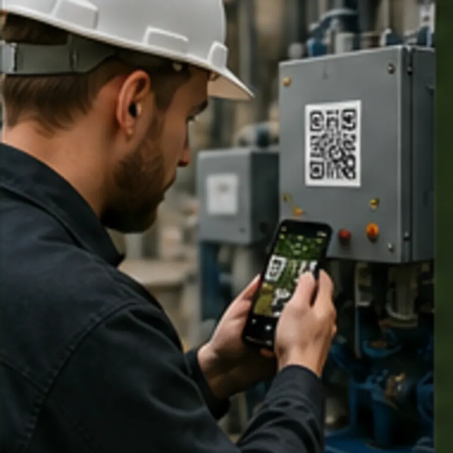 Operátor skenuje QR kód na výrobním stroji